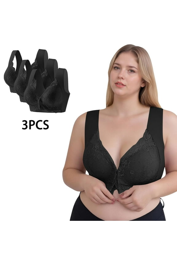 3 Pack Front Closure Bras for Women Plus Size M-5X Push Up Bralettes No Underwire Lightweight Lace Splice Back-Smoothing Tshirt Underwear Bra