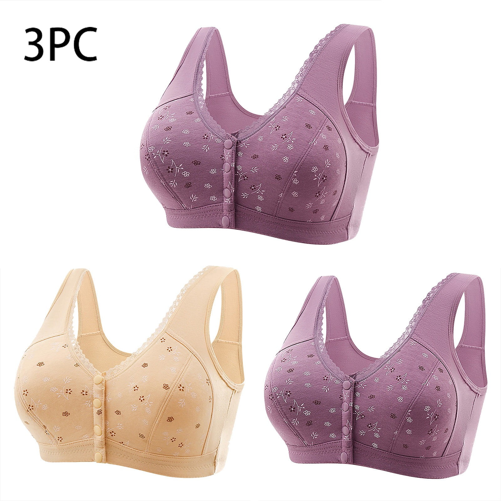 ylioge 3 Pack Front Closure Bras for Women Plus Size M-7X No Underwire Push Up Full-Coverage Underwear Comfort Multipack Support Bralettes