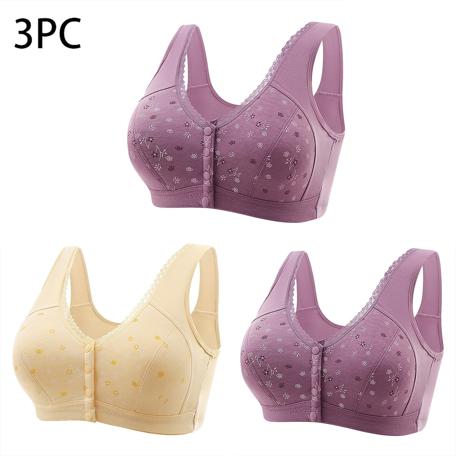 ylioge 3 Pack Front Closure Bras for Women Plus Size M-7X No Underwire Push Up Full-Coverage Underwear Comfort Multipack Support Bralettes