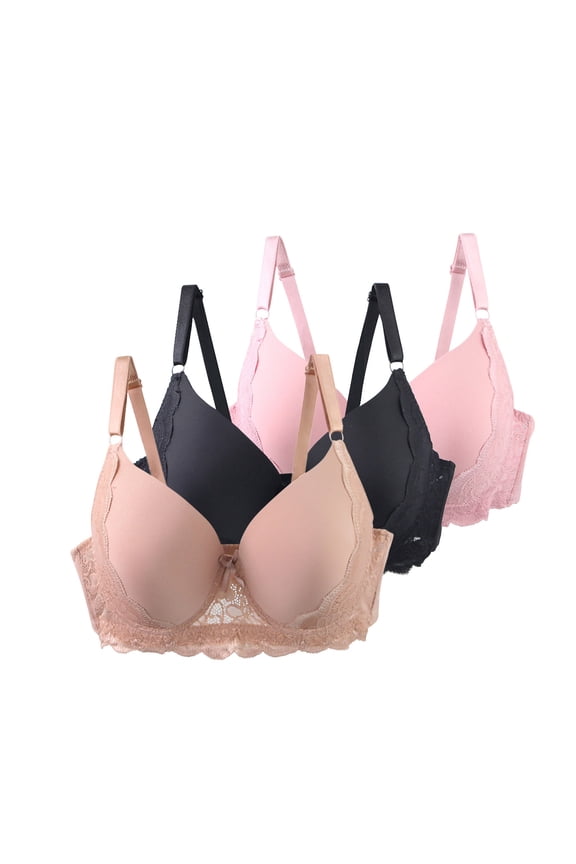 3 Pack Lace Bras for Women Plus Size Push Up Bralettes with Underwire Womens Casual Solid Color Breathable Support Lifting Work Underwear Bra