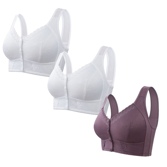 ylioge 3 Pack Plus Size Womens Front Closure Bras S-5XL No Underwire Bralettes Multipack Push Up Full Coverage Basic Lifting Underwear Bra