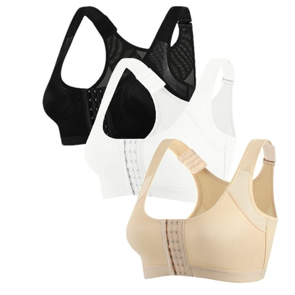 ylioge 3 Pack S-5XL Sports Bras for Women Plus Size Front Closure Wireless Bralettes Push Up Multipack High Support Workout Underwear Bra