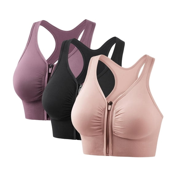 ylioge 3 Pack Sports Bras for Women Plus Size M-4X Push Up Bralettes Zipper Front Closure Wireless Support Workout Running Yoga Tshirt Underwear Bra