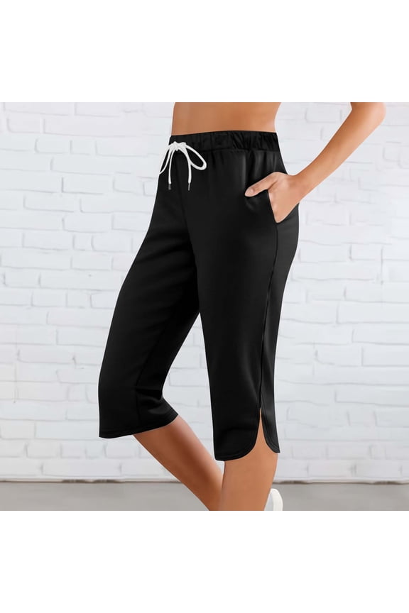 3X-5X Plus Size Capris Pants for Women Straight Leg Trousers with Pockets and Drawstring Elastic Waist Casual Solid Color Athletic Workout Pant