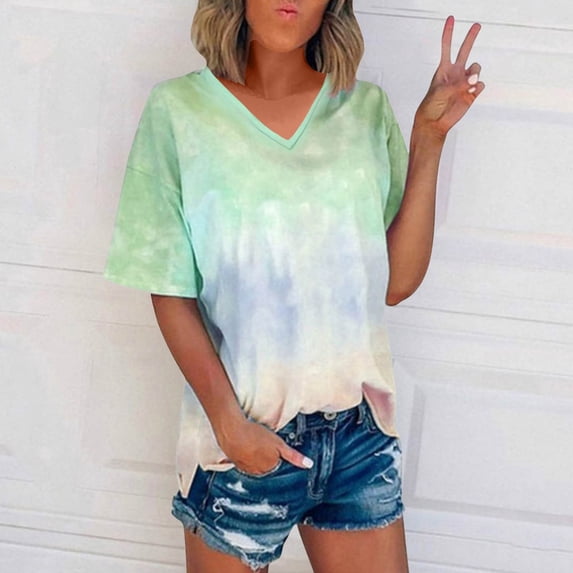 ylioge 3X-5X Womens Plus Size T Shirts Short Sleeve V Neck Tees Tops Ladies Trendy Tie-Dye Pullover Slim Breathable Going-Out Beach Blouses Top