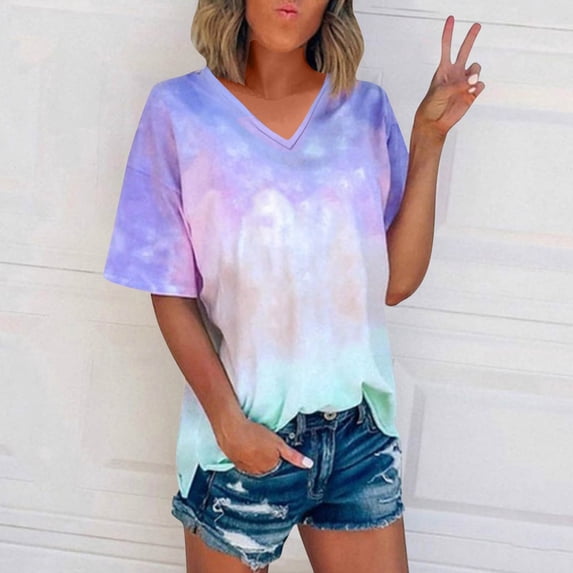 ylioge 3X-5X Womens Plus Size T Shirts Short Sleeve V Neck Tees Tops Ladies Trendy Tie-Dye Pullover Slim Breathable Going-Out Beach Blouses Top