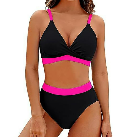 ylioge Bikini Sets for Women Two Piece Swimsuits Ladies Trendy Color-Block Deep V Neck Tops High Waisted Shorts Swimwear Bathing Suits