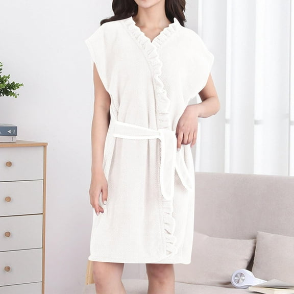 ylioge Cap Sleeve Robes for Women Cute Ruffle Quick-Drying Fleece Bathrobes Ladies Casual Solid Color Open Front Mid Length Loungewear Bath Robe