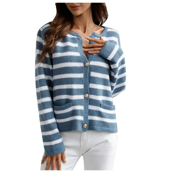 ylioge Cardigan Sweaters for Women Lightweight, Womens Knit Sweater Elegant Casual Loose Knitted Stripe Long Sleeve Crewneck Open Front Button Down Tops Blouses Fall Sweaters