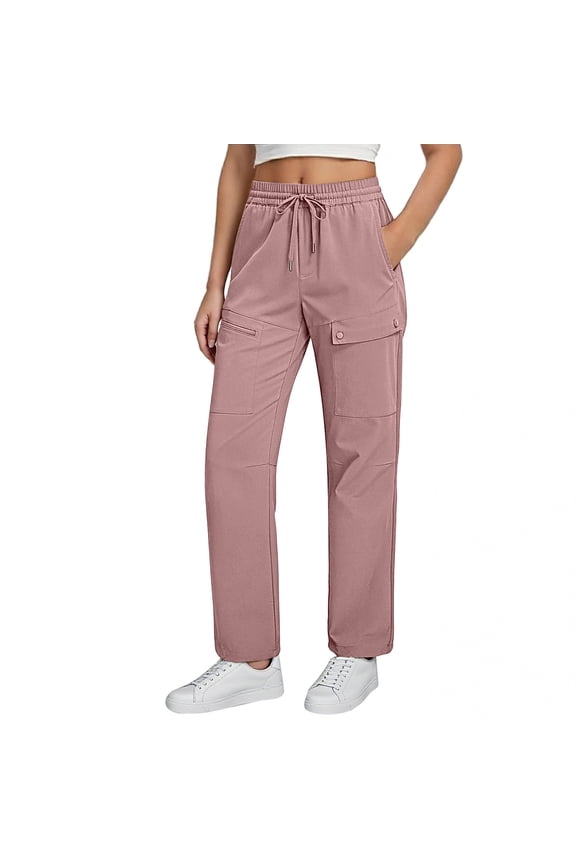 Cargo Pants for Women Straight Leg Work Trousers with Pockets and Drawstring Elastic Waist Casual Solid Color Comfort Hiking Joggers Pant