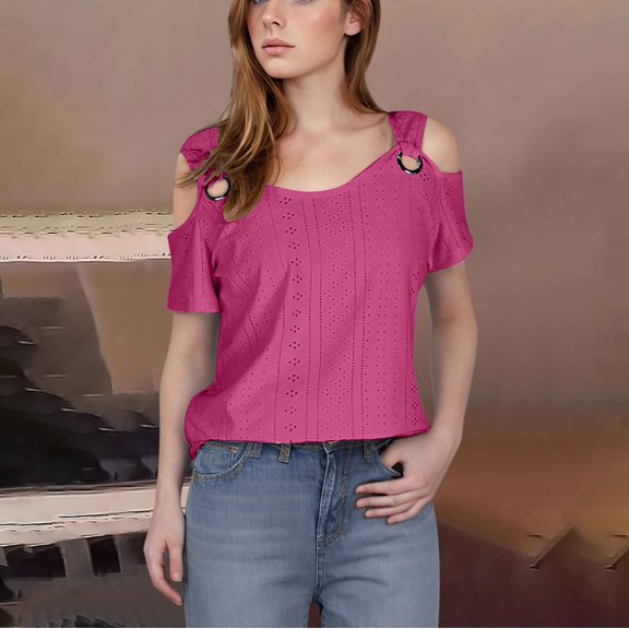 ylioge Cold Shoulder Tops for Women Plus Size 3X-5X Eyelet T Shirts Womens Trendy Short Sleeve Crewneck Hollow-Out Breathable Beach Tees Top