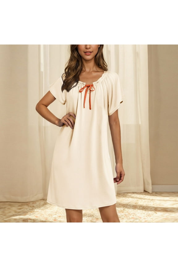 Cotton Nightgowns for Women Lightweight Short Sleeve Pajama Dresses Ladies Casual Solid Drawstring Crew Neck Homewear Sleepshirts