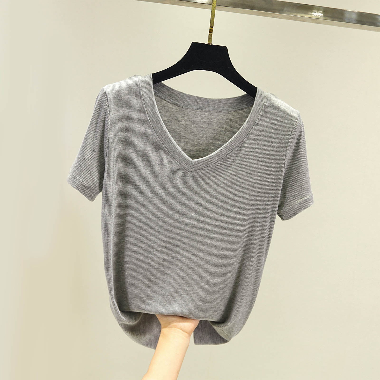 ylioge Cotton T Shirts for Women Short Sleeve V Neck Tees Tops Womens Casual Solid Color Pullover Stretchy Basic Going-Out Loungewear Tshirts Shirt