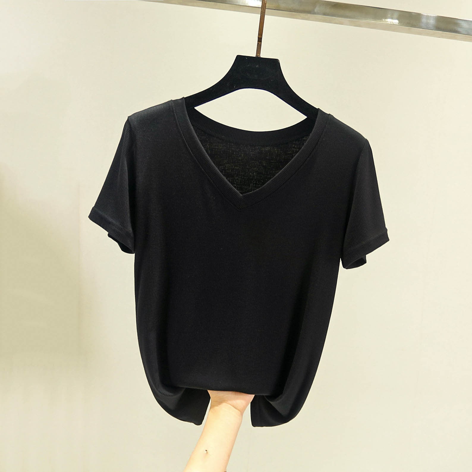 ylioge Cotton T Shirts for Women Short Sleeve V Neck Tees Tops Womens Casual Solid Color Pullover Stretchy Basic Going-Out Loungewear Tshirts Shirt