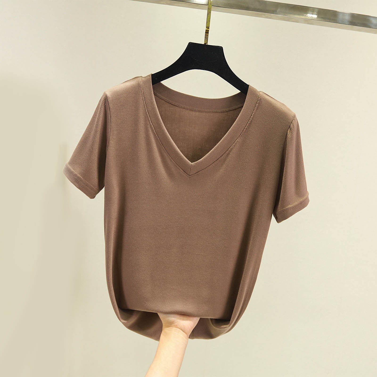 ylioge Cotton T Shirts for Women Short Sleeve V Neck Tees Tops Womens Casual Solid Color Pullover Stretchy Basic Going-Out Loungewear Tshirts Shirt