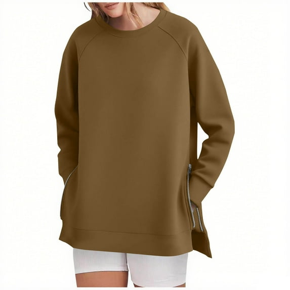 ylioge Crewneck Sweatshirts for Women Long Sleeve Shirts Ladies Trendy Solid Color Side Zipper Slit Pullover High-Low Hem Sweatshirt Tops