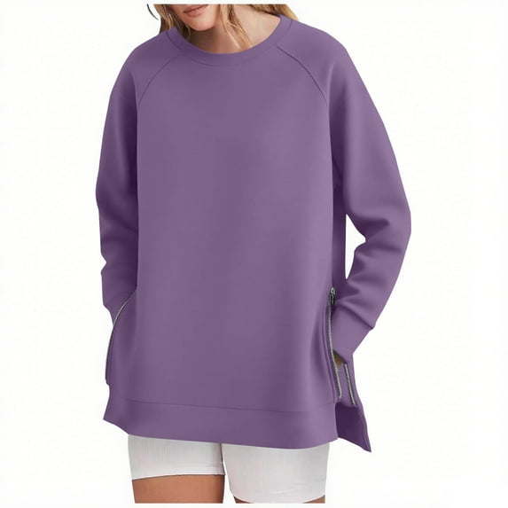 ylioge Crewneck Sweatshirts for Women Long Sleeve Shirts Ladies Trendy Solid Color Side Zipper Slit Pullover High-Low Hem Sweatshirt Tops