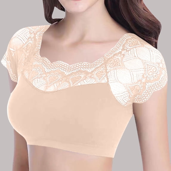 ylioge Cropped Tops for Women Built in Bra Lace Splice Cap Sleeve Bralettes Ladies Casual Solid Color Breathable Pullover Push Up Underwear Bra