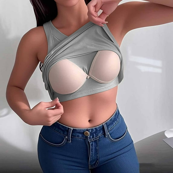 ylioge Cropped Tops for Women Built in Bra Longline Bras Ladies Casual Solid Color Stretchy Pullover Breathable Padded Underwear Cami Bralettes