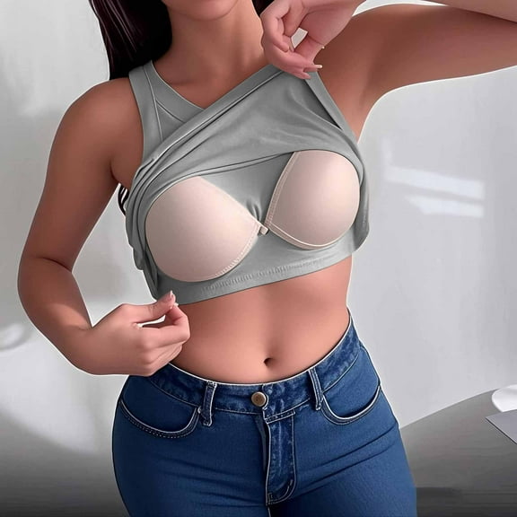 ylioge Cropped Tops for Women Built in Bra Longline Bras Ladies Casual Solid Color Stretchy Pullover Breathable Padded Underwear Cami Bralettes