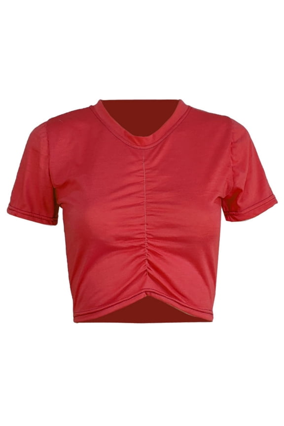 Cropped Tops for Women Short Sleeve Crewneck T Shirts Womens Pullover Solid Color Pleated Sim Breathable Basic Streetwear Workout Tees Top