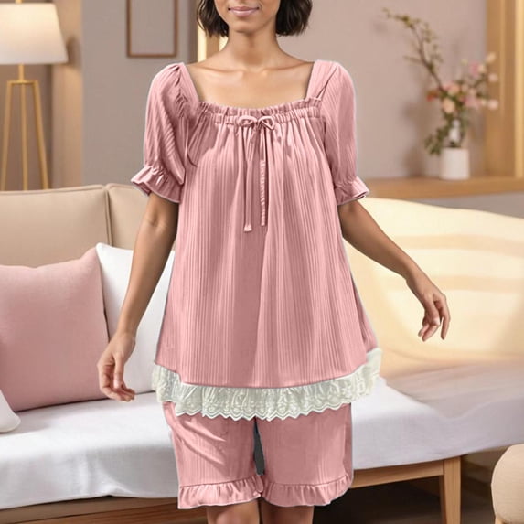ylioge Cute Pajama Sets for Women 2 Piece Outfits Womens Casual Solid Color Lace Splice Short Sleeve Tops Wide Leg Shorts Sleepwear Loungewear Pajamas