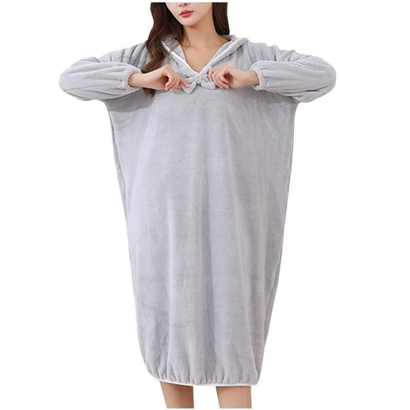 ylioge Cute Robes for Women with Hoodie Fleece Pullover Nightgowns Ladies Casual Solid Color Long Sleeve Thermal Warm Quick-Drying Homewear Bath Robe