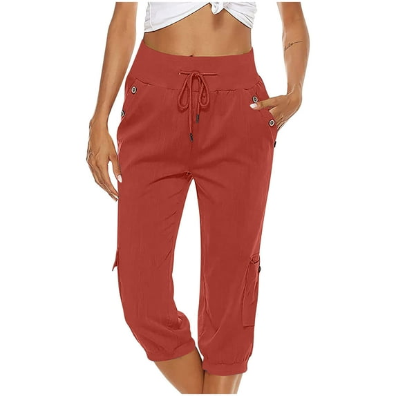 ylioge Daily Wear Capris for Women Drawstring Pockets High Waist Summer Pants Solid Color Relaxed Fit Straight Comfy Trousers Pantalones