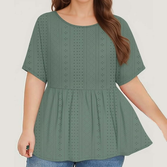 ylioge Eyelet Tops for Women Plus Size L-5X Short Sleeve T Shirts Womens Casual Solid Color Pullover Crewneck Breathable Hollow-Out Peplum Top