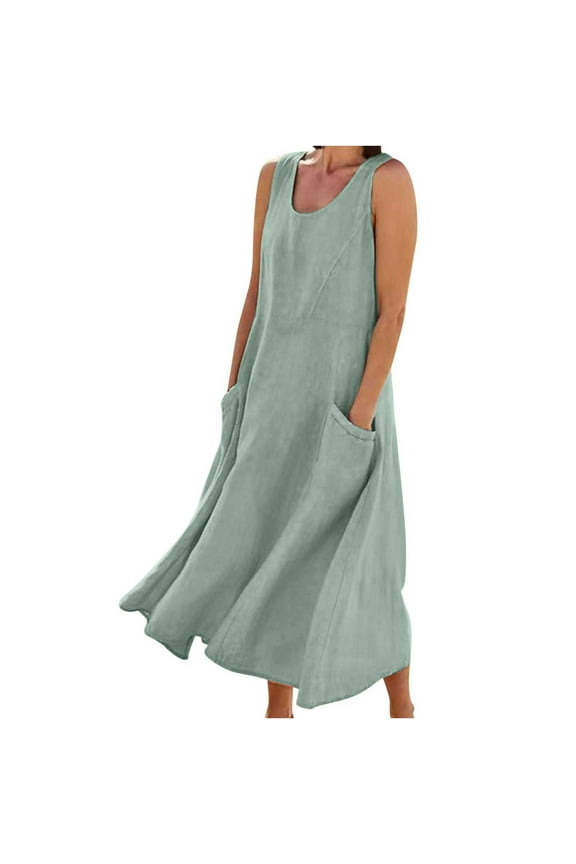 Fall Dresses for Women 2025锛學omen鈥檚 Casual Loose Solid Color Round-Neck Sleeveless Cotton and Linen Long Dress with Pocket