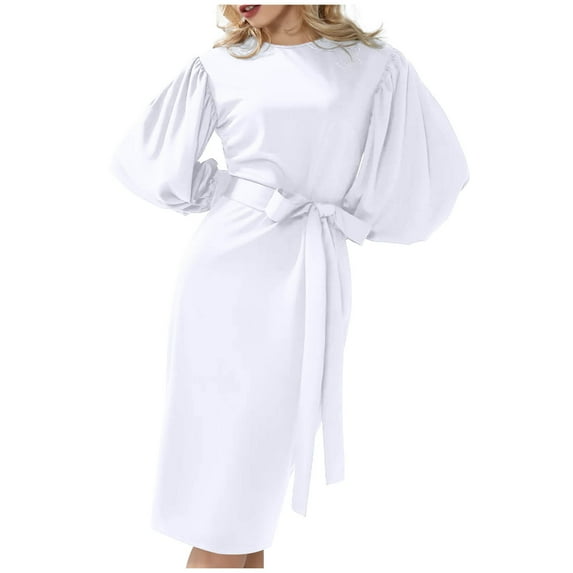 ylioge Fall Wedding Guest Dresses, Womens Formal Dresses Elegant Bodycon Slim Fit Long Lantern Sleeve Crewneck High Waist Pencil Hem with Bow Belt Solid Color Midi Formal Gowns and Evening Dress