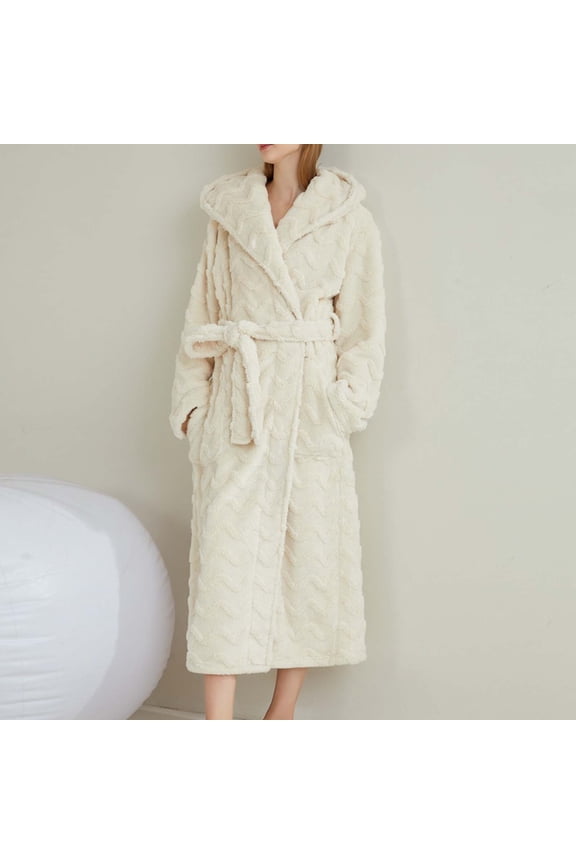 Flannel Robes for Womens & Mens Long Sleeve Fleece Bathrobes with Pockets, Hood and Belt Unisex Couples Thermal Warm Open Front Bath Robe