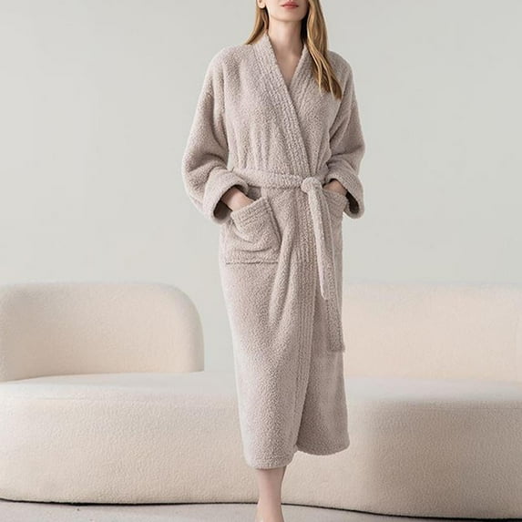 ylioge Fleece Bath Robes for Women Men with Pockets and Belt Long Sleeve Bathrobes Unisex Couples Casual Solid Color Thermal Long Length Pajama Robe
