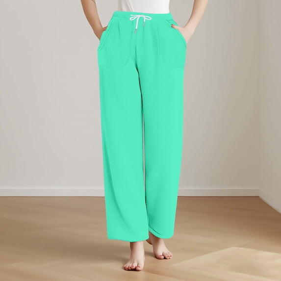 ylioge Fleece Pajama Pants for Women with Pockets and Drawstring Elastic Waist Straight Leg Solid Color Thermal Warm Loungewear Homewear Pajamas Pant