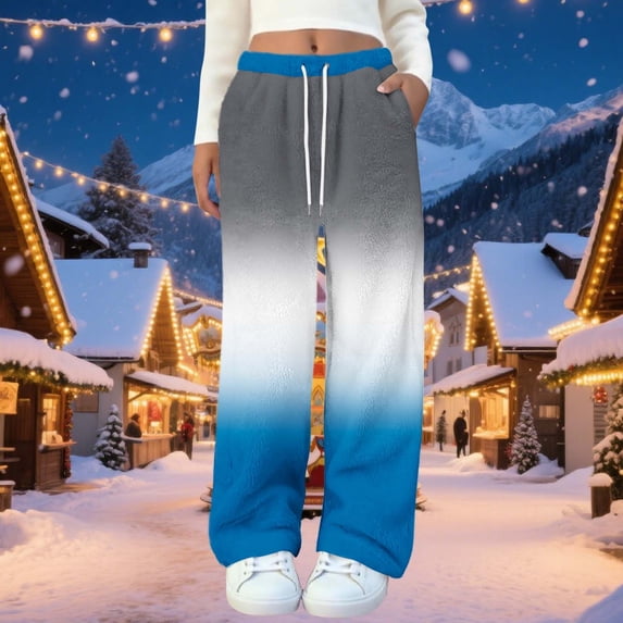 ylioge Fleece Pajama Pants for Women with Pockets and Drawstring Elastic Waisted Gradient Printed Straight Wide Leg Thermal Loungewear Homewear Pant