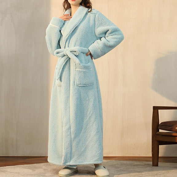 ylioge Fleece Robes for Women Men with Pockets and Belt Winter Flannel Pajama Bathrobes Couples Long Sleeve Thermal Warm Sleepwear Homewear Bath Robe