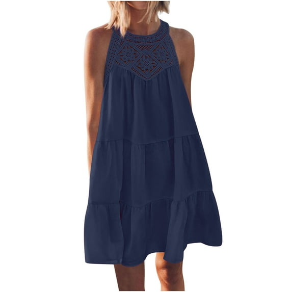 ylioge Halterneck Dresses for Women, Womens Holiday Beach Dress Casual Sleeveless Crewneck Lace Up Lightweight Solid Color Midi Dress Spring