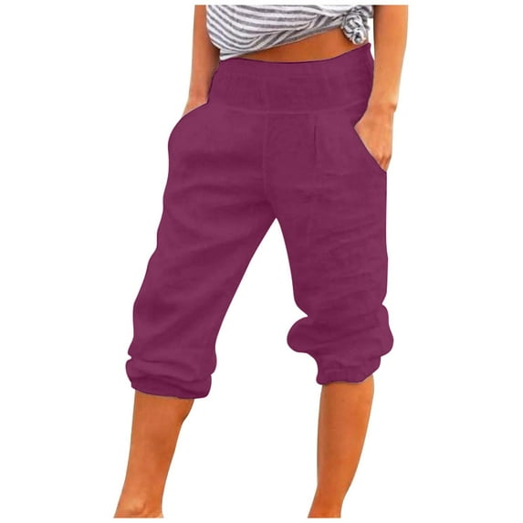 ylioge High Waist Solid Color Pants for Women Linen Cruise Summer Capis Pockets Capri Tapered Relaxed Fit Comfy Trousers Pantalones