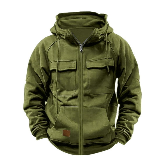 ylioge Hoodies for men, Men's Plus Size Zip Up Sweatshirts Cargo Casual Long Sleeve Stand Collar Solid Color Drawstring with Multi-Pocket Hoodie Jackets Coats Spring