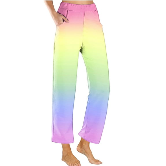 ylioge Joggers for Women, Womens Wide Leg Sweatpants Y2k Ombre Tie Dye Rainbow Casual Loose Elastic High Waist Drawstring Running Gym Cropped Trousers Yoga Pants with Pockets Spring Saving Clearance