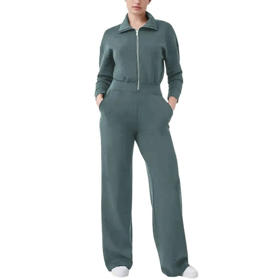 ylioge Jumpsuits for Women, Womens Rompers Casual Long Sleeve Lapel Zip Up Solid with Pockets Elastic Wide Leg Pants for Women, Overalls for Women Loose Fit Fall