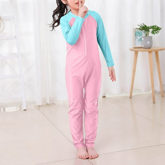 ylioge Kids One-Piece Swimsuits Long Sleeve Jumpsuits Bathing Suits for Teens Boys & Girls Color-Block Swimwear Pants 3-10 Years