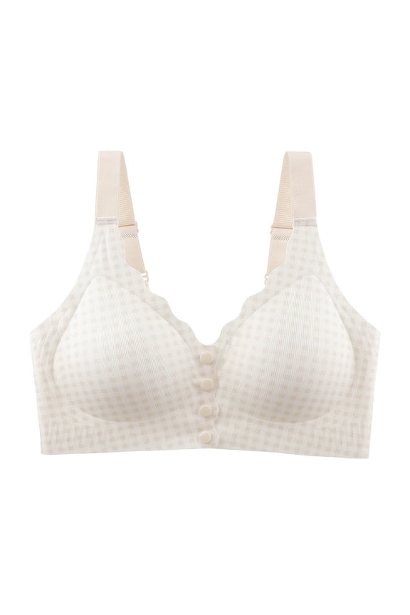 L-4X Plus Size Bras for Women Front Closure Wireless Push Up Bralettes Women Cute Plaid Printed Breathable Back-Smoothing Sleep Underwear Bra