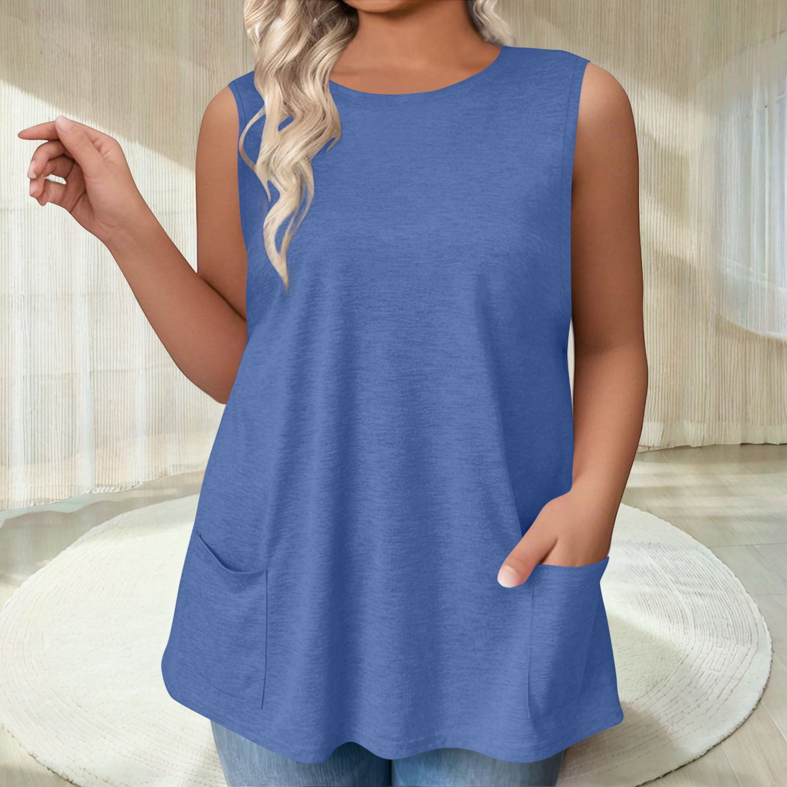 ylioge L-4X Womens Plus Size Tank Tops with Pockets Sleeveless Crewneck Vests Ladies Casual Solid Color Loose Pullover Going-Out Loungewear Cami Top