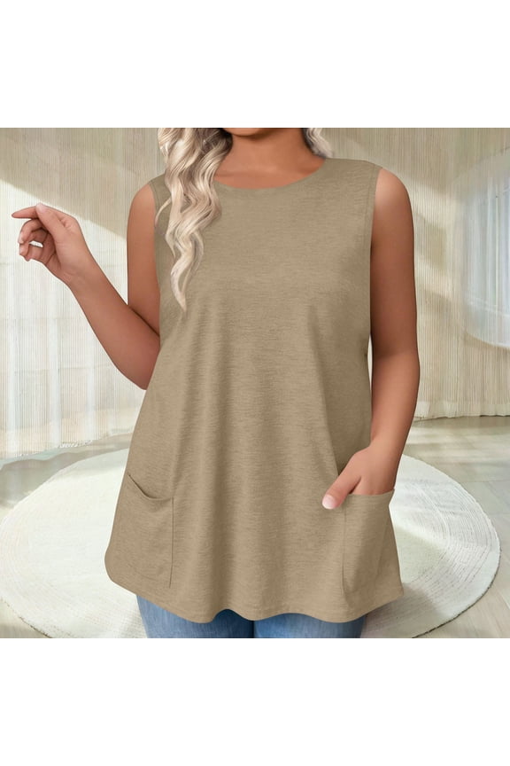 L-4X Womens Plus Size Tank Tops with Pockets Sleeveless Crewneck Vests Ladies Casual Solid Color Loose Pullover Going-Out Loungewear Cami Top