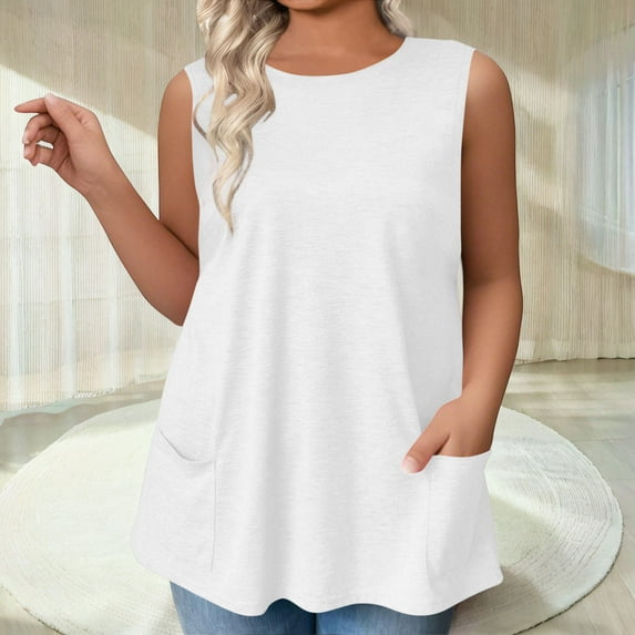 ylioge L-4X Womens Plus Size Tank Tops with Pockets Sleeveless Crewneck Vests Ladies Casual Solid Color Loose Pullover Going-Out Loungewear Cami Top