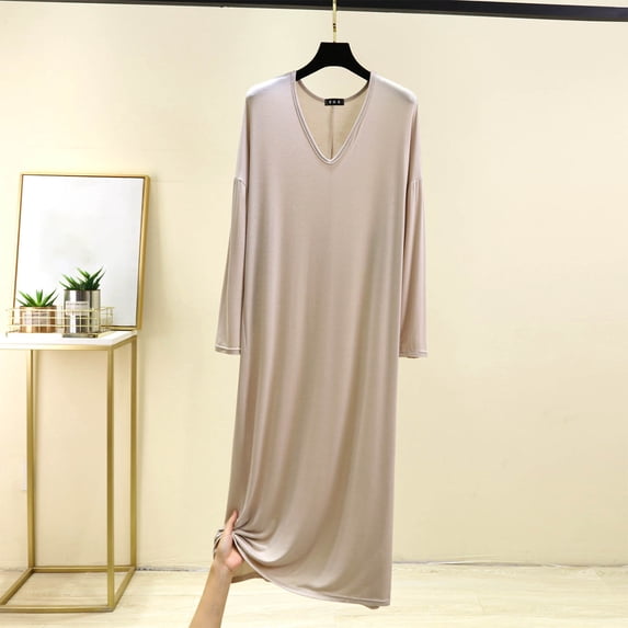 ylioge L-5X Plus Size Modal-Nightgowns for Women Long Sleeve V Neck Sleepshirts Womens Casual Solid Color Pullover Soft Homewear Dresses Nightgown