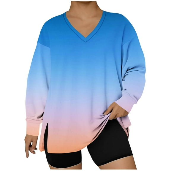 ylioge L-5X Plus Size Sweatshirts for Women Long Sleeve V Neck Shirts Womens Pullover Gradient Printed Side Slit Athletic Workout Sweatshirt Tops