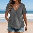 thumbnail image 1 of ylioge L-5X Plus Size T Shirts for Women Short Sleeve Button V Neck Tees Tops Womens Casual Solid Color Loose Pullover Going-Out Blouses Top, 1 of 6