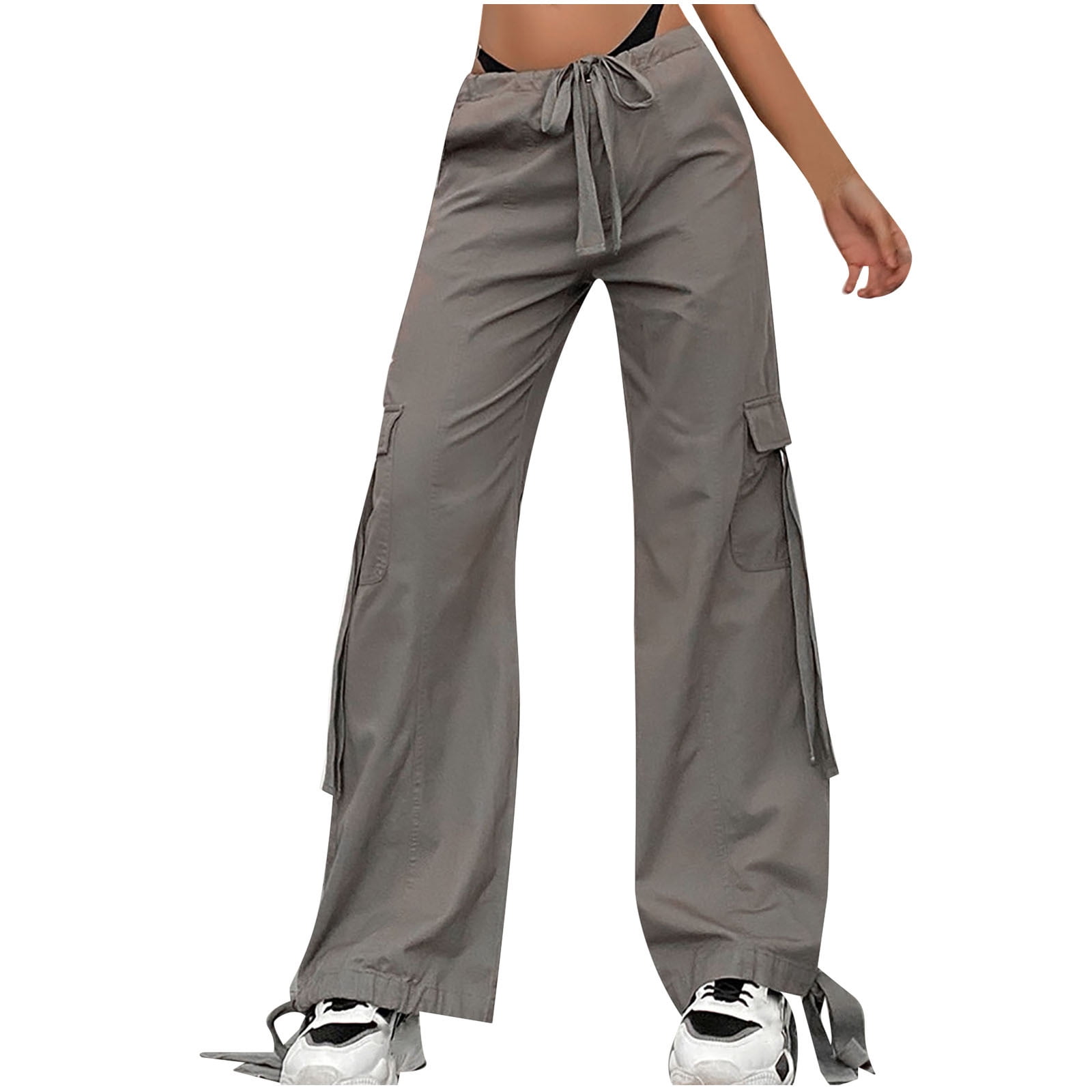 ylioge Ladies Bootcut Low Waist Sweatpants Solid Color Loose Fit Full Length Joggers Pants Pockets Lace Up Autumn Athletic Trousers Pantalones